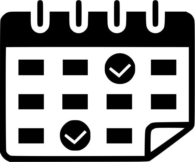 Black and white icon of a calendar with checkboxes and checkmarks.