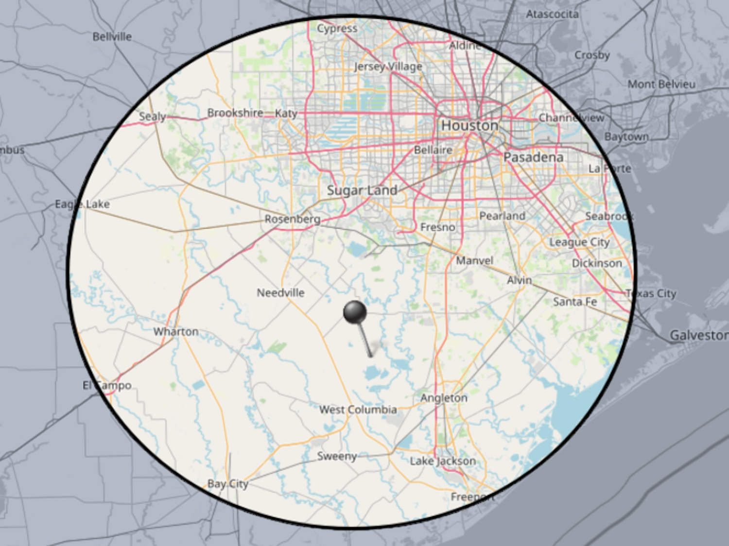 Shows the service radius of The Gundog Club